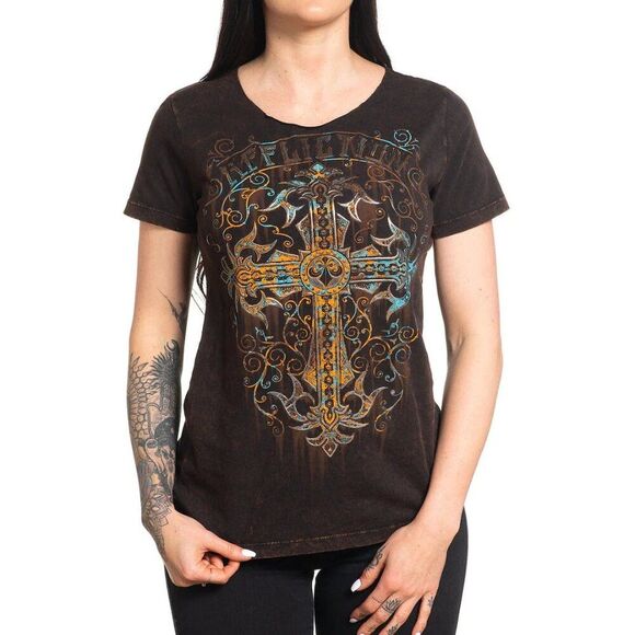 Affliction Tops - Affliction Women's SANCTUARY Scoop Short Sleeve Rust Biker Tattoo T-Shirt NWT XL